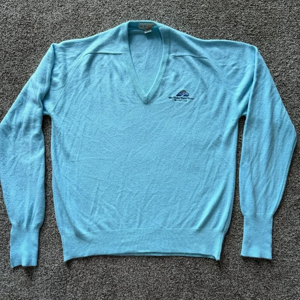 Vintage 70s Izod Naples Beach Golf Club V Neck Sweater Blue Large